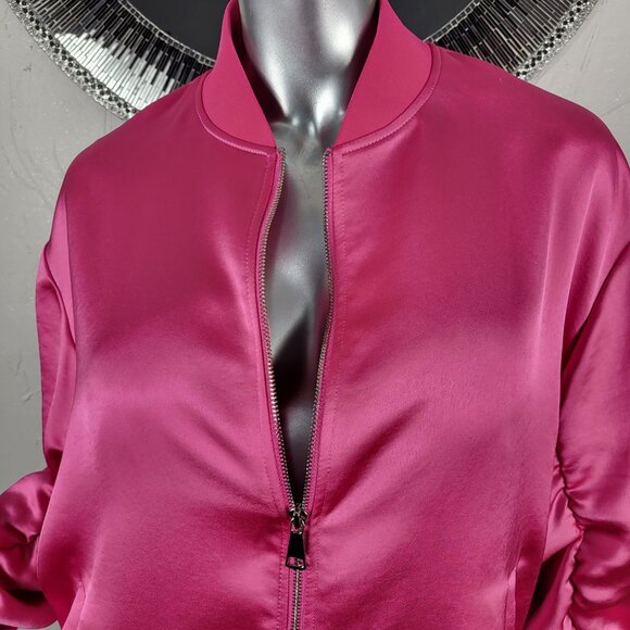 EXPRESS~SZ L~BRIGHT PINK SATIN LIKE FULL ZIP RUCHED SLEEVE BOMBER JACKET COAT - Picture 2 of 16